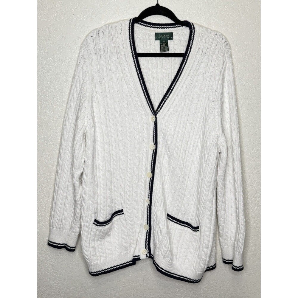 LRL Ralph Lauren Sz 2X Sweater Cardigan Cable Knit Button White Preppy Nautical